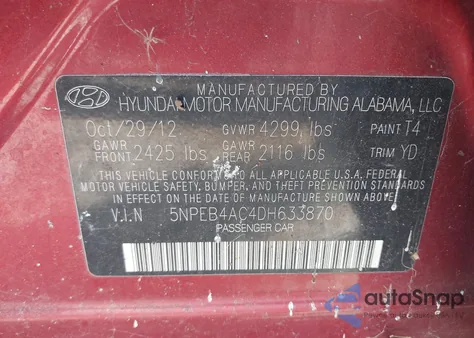 2013 Hyundai Sonata Gls из США, поврежденный, VIN 5NPEB4AC4DH633870